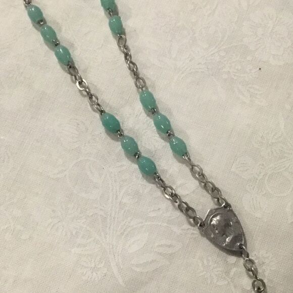 Aqua Bead and Silvertone Rosary - Picture 4 of 5